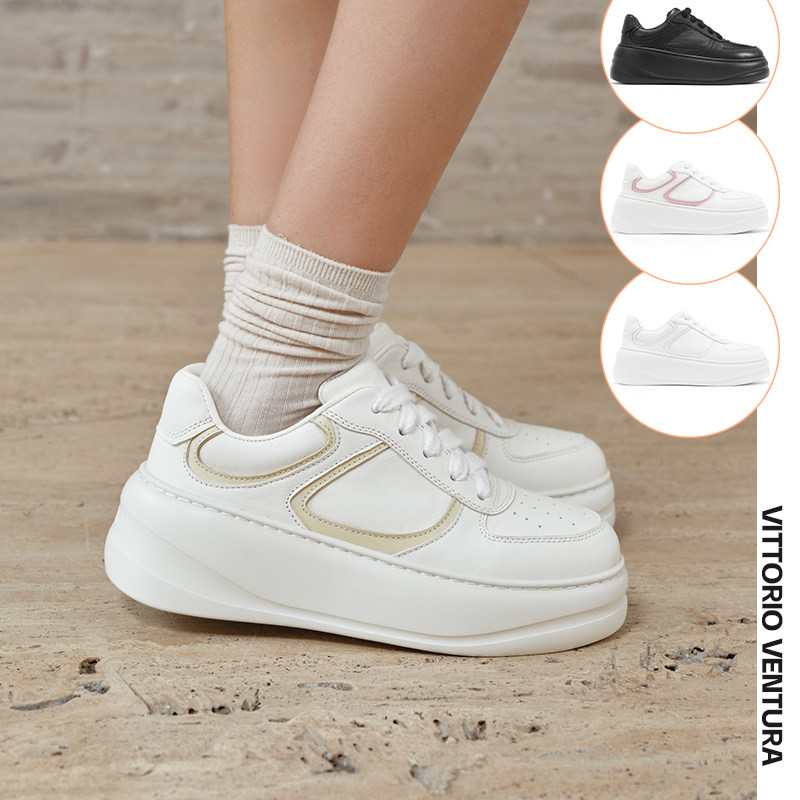 希林娜依高同款VITTORIOVENTURA薇薇燃 牛皮厚底增高休闲小白鞋