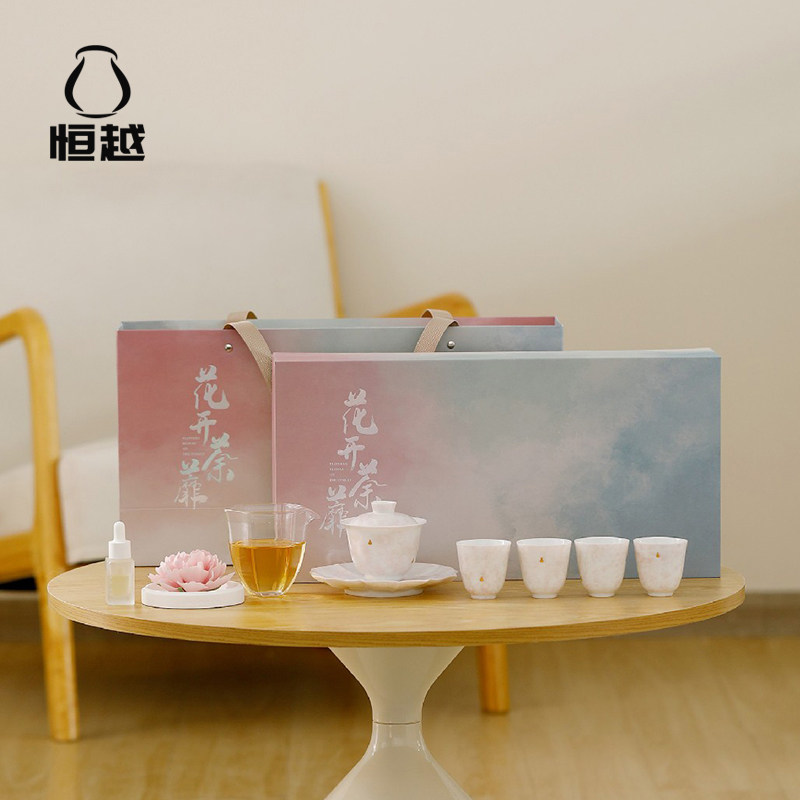 花开荼蘼樱花粉手捏花香薰陶瓷茶具盖碗套组轻奢无火香氛商务礼盒