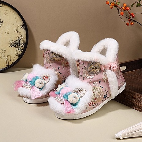 冬季加绒女童汉服绣花鞋纯手工虎头鞋公主鞋古装加厚唐装拜年鞋