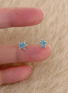 S999纯银迷你蓝色海星耳钉