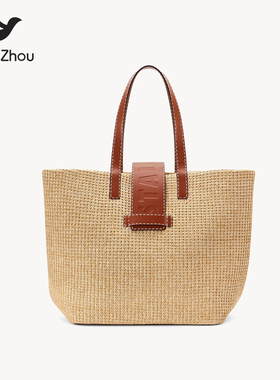 STAUD 拉菲草拼牛皮 Mercato Raffia Tote 单肩手提包