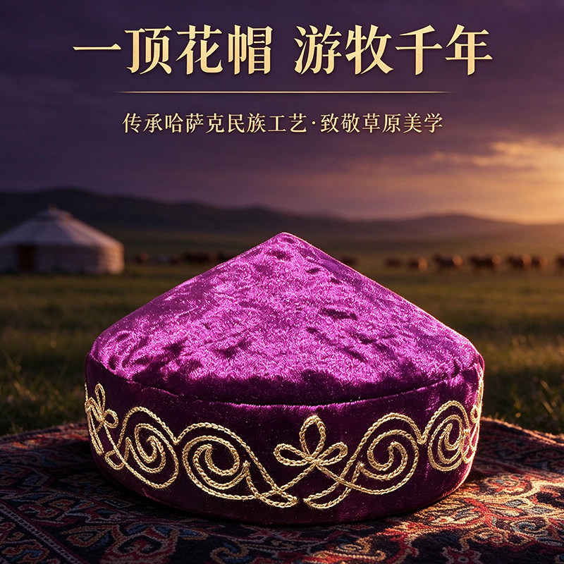 哈萨克族刺绣花帽女演出拍照
