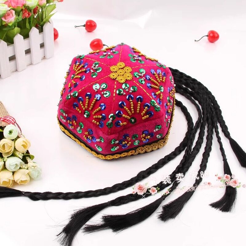 六一儿童节儿童舞蹈帽新疆帽民族帽子蒙古帽带辫子女童演出头饰