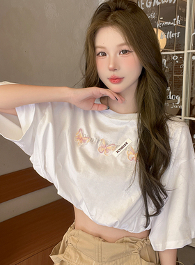 【现货】黄灿灿同款ICYNUDE设计师白色短款蝴蝶上衣宽松T恤女短袖