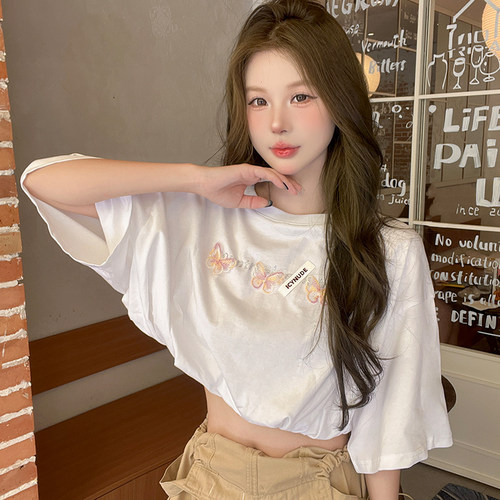白色短款蝴蝶上衣宽松T恤女
