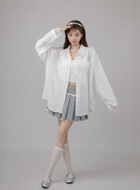 换季折扣EFONI 烫钻天丝条纹轻薄蕾丝口袋宽松长袖衬衫女上衣