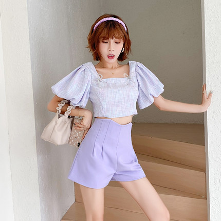SyncChic星奢设计师istyni糖果色泡泡袖短上衣高腰雏菊短裤春夏款