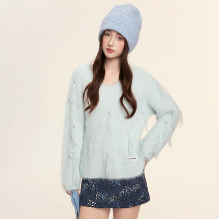 ICYNUDE官方授权 薄荷绿流苏针织上衣设计感时尚套头毛衣女秋冬款