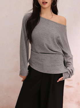 EFONI买手店不规则斜领收腰长袖T恤设计感小众时尚休闲上衣女新款