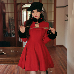 GUO JINGYI星奢买手店设计师红羊毛水滴镂空娃娃裙冬季新款