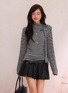 EFONI买手店复古斜肩修身条纹设计感飘带针织衫上衣女打底衫新款