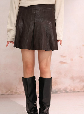 EFONI买手店高腰A字显瘦PU皮裙半身裙时尚百搭百褶短裙女秋季新款