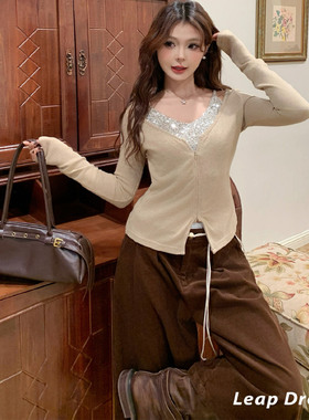 LEAP DREAM官方授权亮片挂脖假两件拉链长袖设计感针织上衣女秋冬