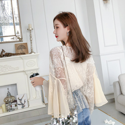 SyncChic星奢istyni刺绣蕾丝亮片宽松喇叭袖雪纺衫上衣女夏