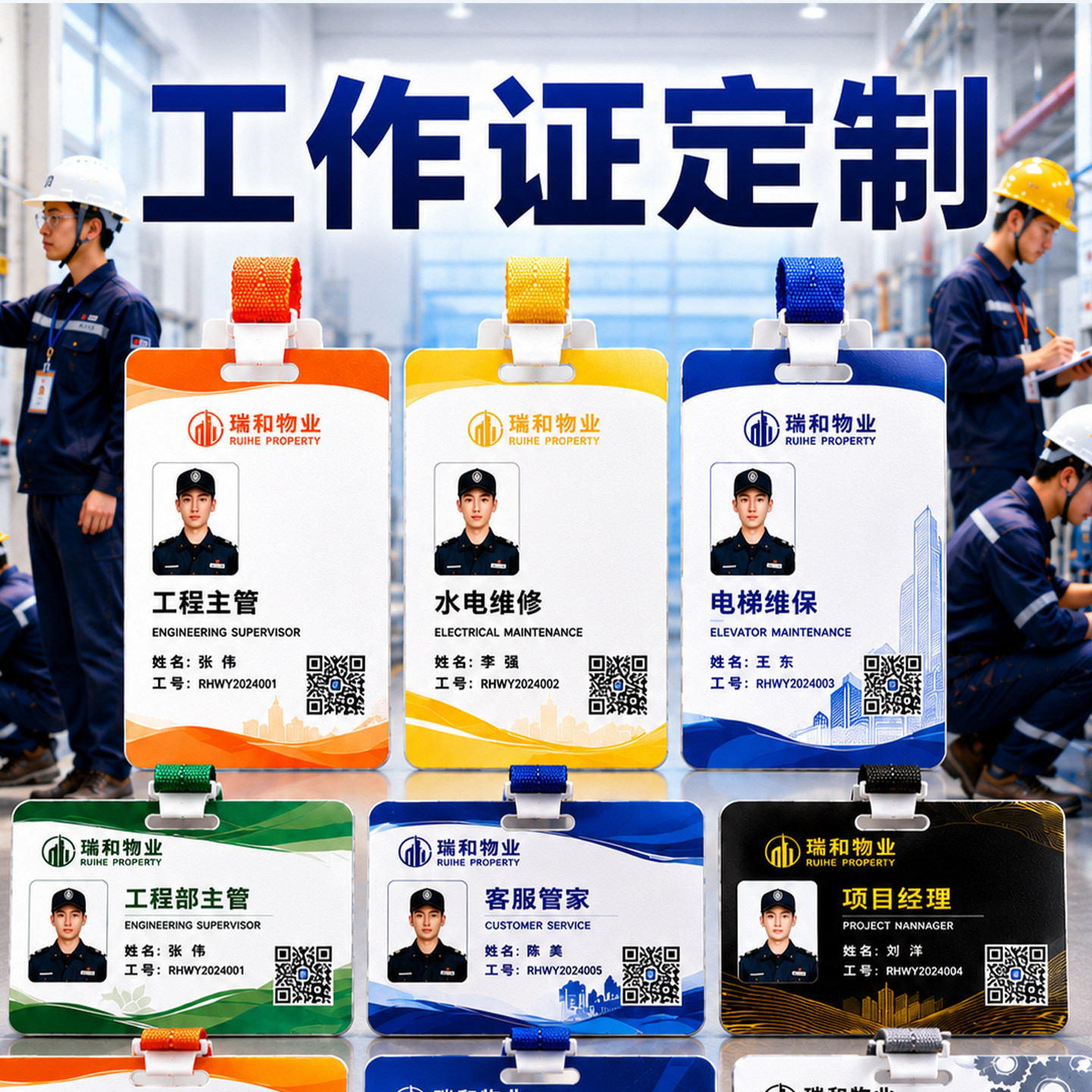 PVC工作证定制物业水电维修电梯维保门岗员工证胸牌工牌防水定做