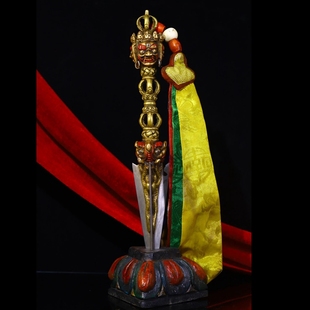 古玩收藏西藏收纯铜三面普巴金刚杵老法器底座菩提根錾刻金刚橛法