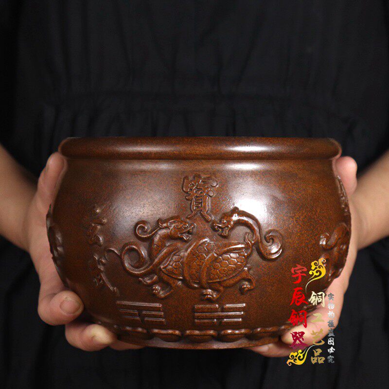 复古纯铜包浆四大神兽风水招财缸青龙白虎朱雀玄武缸家居收藏摆件