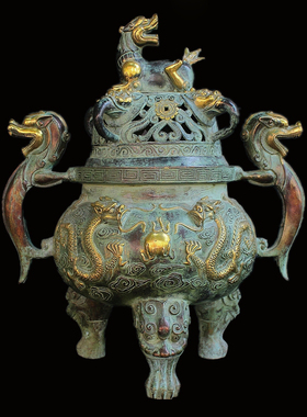 仿古风纯铜摆件香炉貔貅二龙戏珠