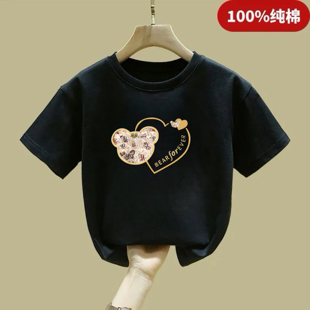 2026新款100纯棉男女童白色T恤短袖夏季夏装儿童短款上衣洋气卡通