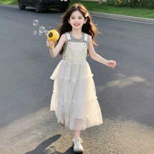 女童夏季儿童薄款网纱背带裙套装2026新款中大童背心吊带裙两件套