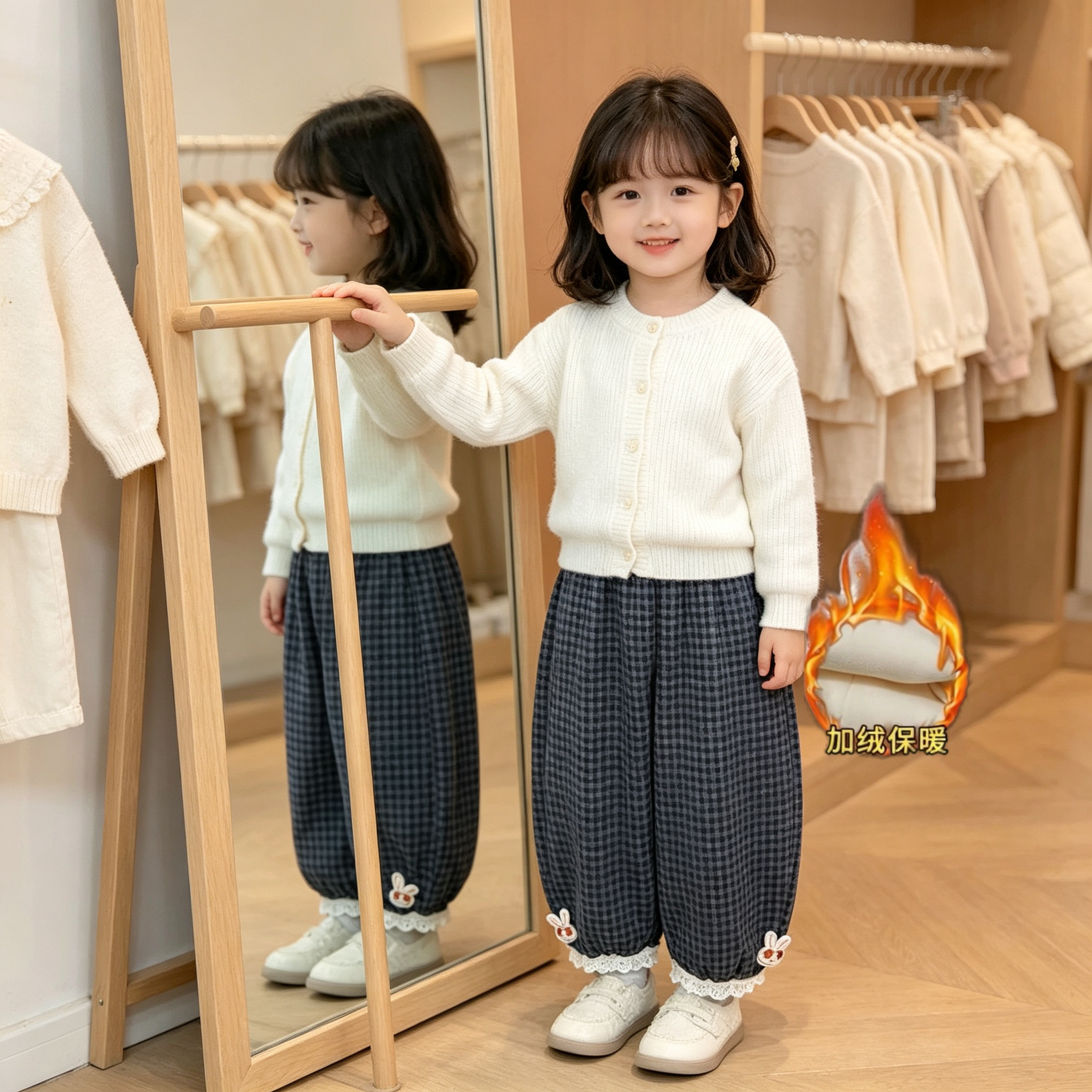 女童裤子2026新款花边格子裤子秋冬幼儿园穿搭爆款韩版束脚裤潮流