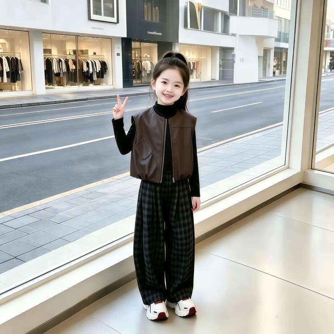女童2026秋季小女孩时尚套装皮衣马甲打底衫格子格纹裤时髦三件套