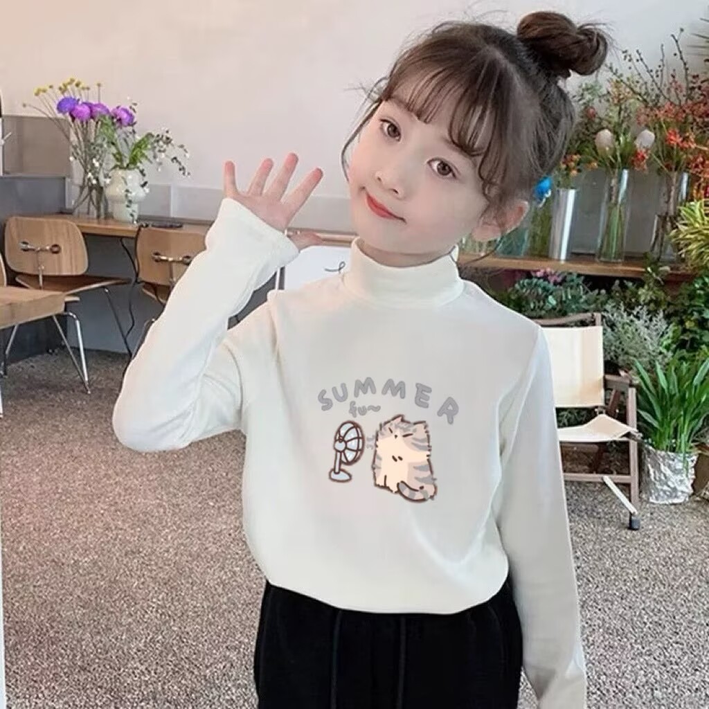 女童半高领长袖T恤白色卡通猫咪图案保暖打底衫洋气上衣加厚保暖