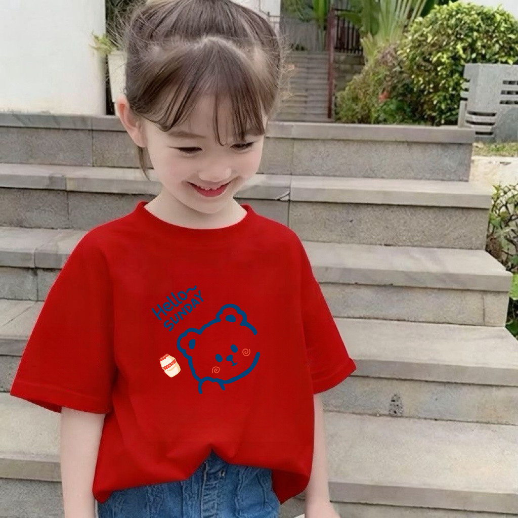 纯棉儿童短袖T恤夏装套头衫卡通印花圆领红色上衣洋气可爱休闲风
