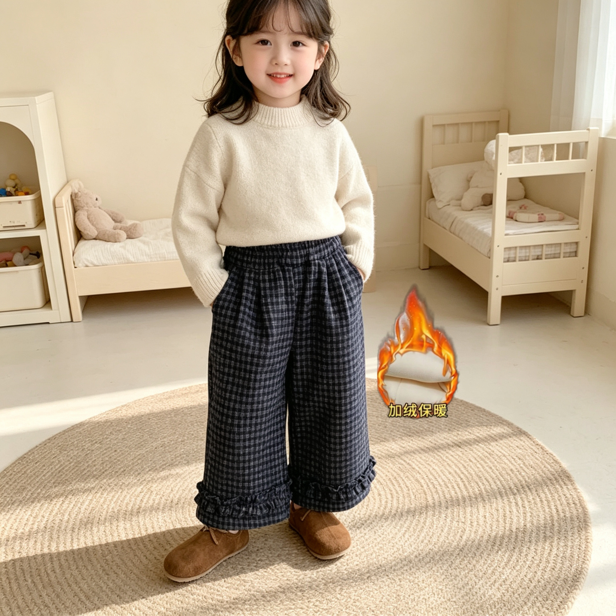 女童阔腿裤秋冬款2026新款小童加绒直筒洋气宽松韩版春季女宝裤子