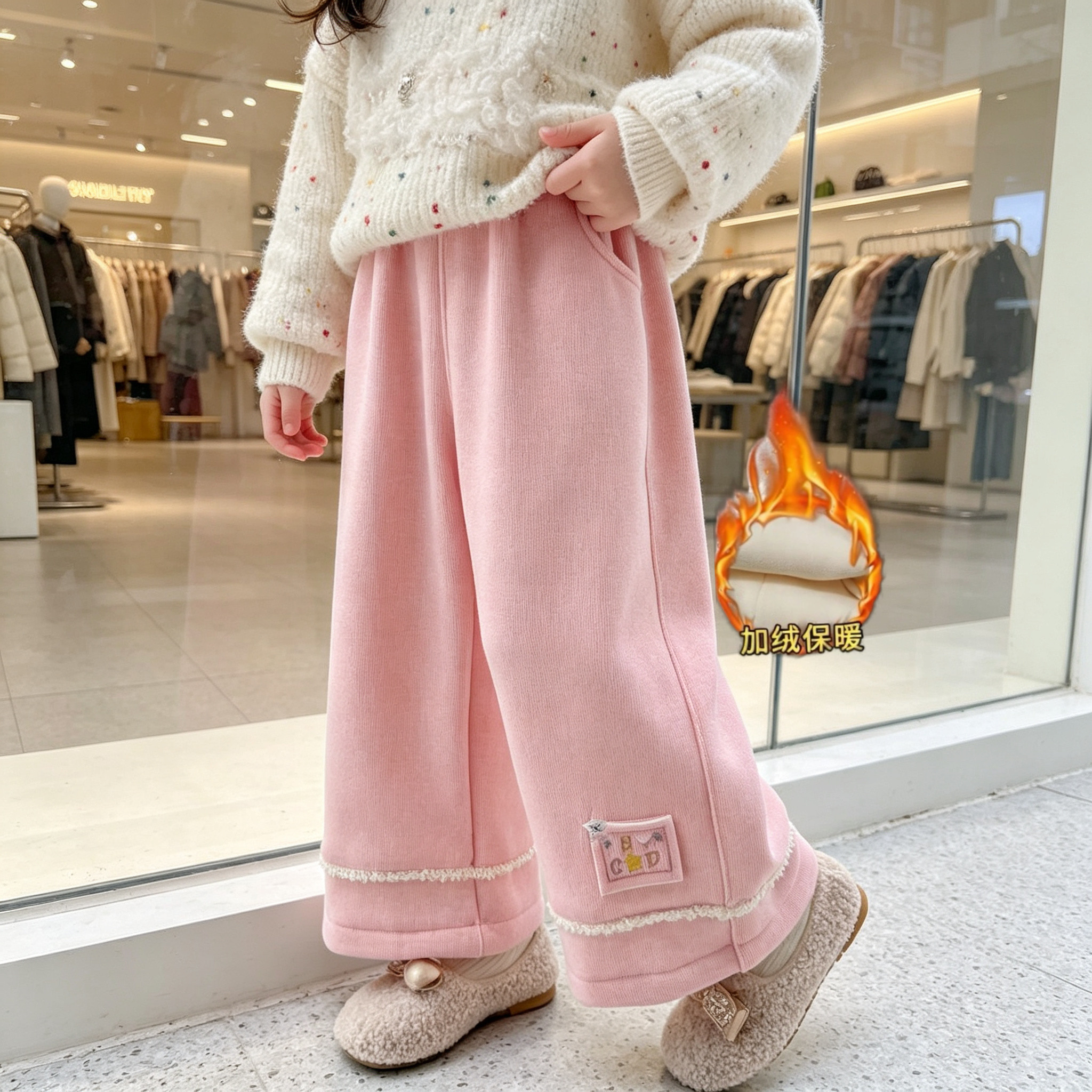 女童加绒裤子儿童裤子秋冬款2026新款童装女宝宝冬装阔腿裤保暖裤