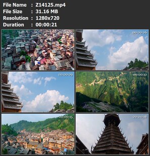 航拍侗族民居木架建筑塔楼鼓楼蓝天流云山水梯田空境高清视频素材