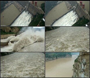 航拍三门峡黄河水库泄洪河水喷涌悬崖峭壁水空镜高清实拍视频素材