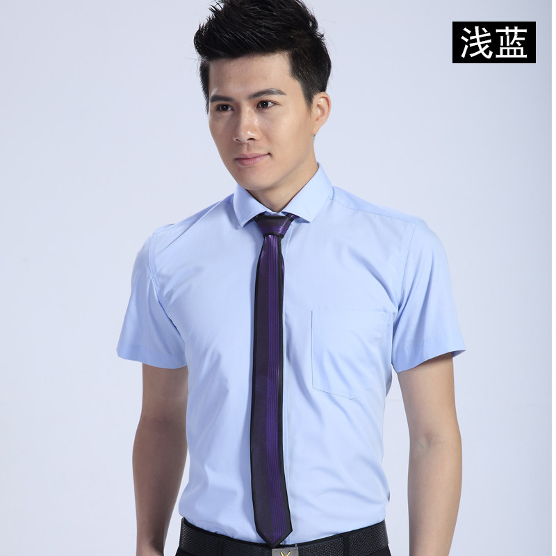 男士修身短袖小方领衬衫工装纯色工作服厂服正装磁性领扣定制衬衣