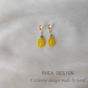 国风原创手作黄色天然石耳环文艺复古天然淡水珍珠耳钉无痛耳夹