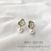 油画花荷叶耳钉耳饰女独特耳环2026新款 爆款 高级感珍珠耳坠小众