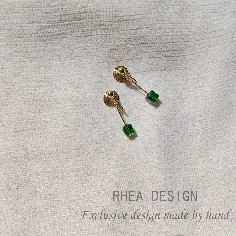 进口绿方糖水晶耳钉甜美小清新文艺耳环个性古风耳饰耳夹