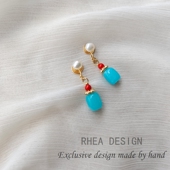 复古精致蓝色转运珠耳钉天然淡水珍珠耳夹耳环耳饰