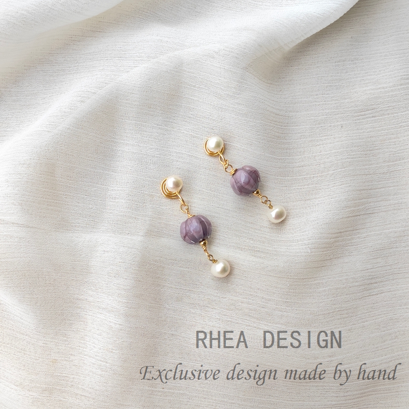 原创天然珍珠甜美温柔耳钉紫色琉璃花朵长款无痛耳夹耳环