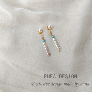 原创绿松石耳环925银针手作天然珍珠耳钉设计师款 小众耳夹女 个性