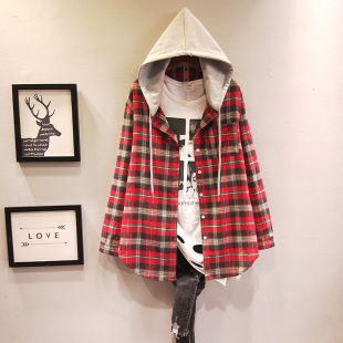 少女春秋时尚新款休闲宽松连帽格子衬衫女装韩版学生百搭外套上衣