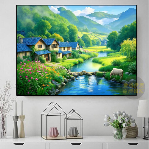 田园小屋风景绿水青山简约钻石画