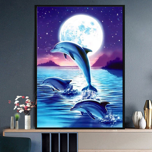 现代简约风景钻石画月亮海豚满钻