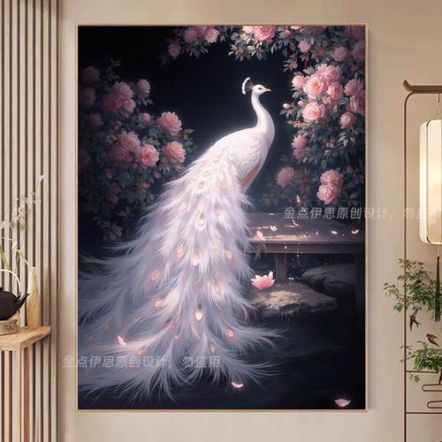 高颜值牡丹白孔雀钻石画手工粘钻
