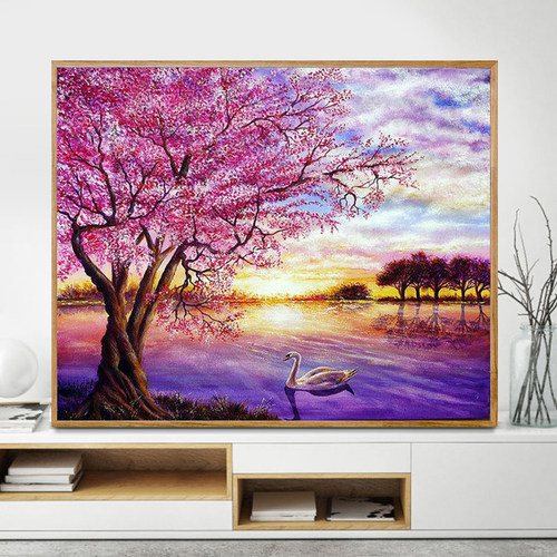 高级感樱花天鹅湖风景手工钻石画