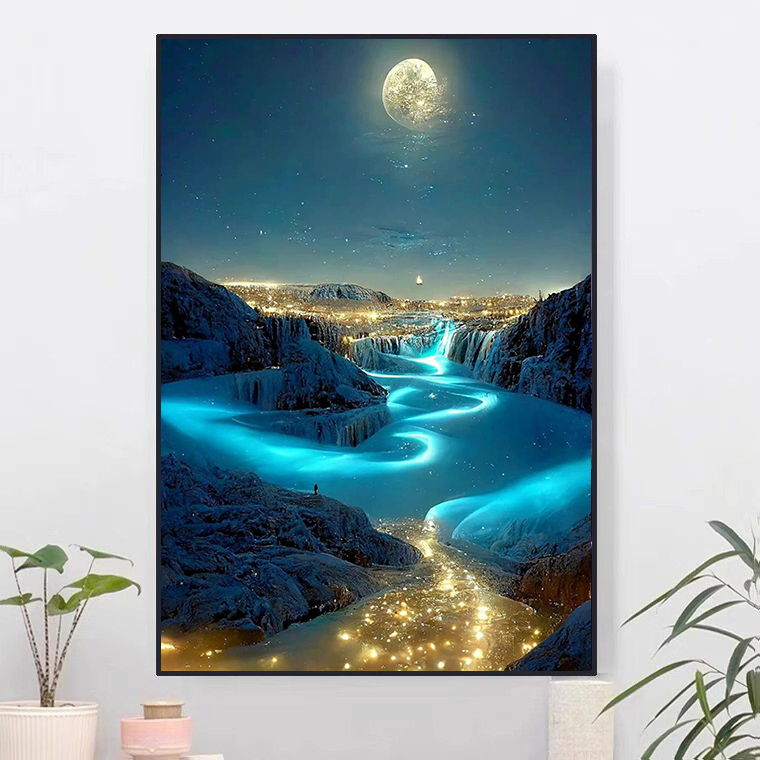 唯美月亮山水风景钻石画水钻全钻