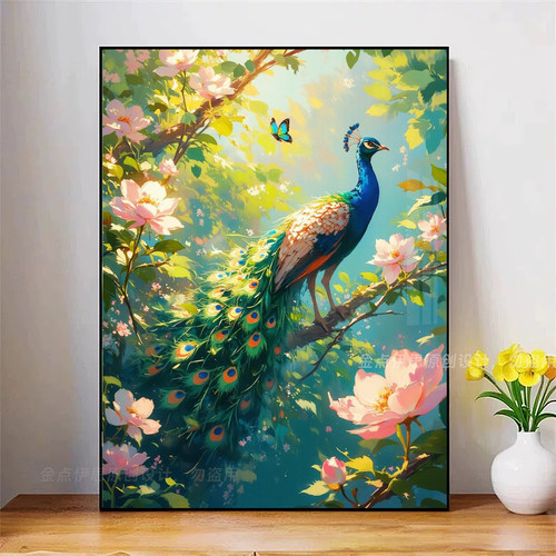 高颜值绿色玉兰花孔雀风景钻石画