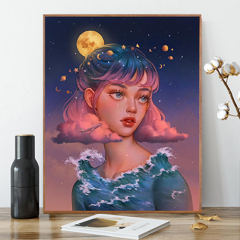 ins风卡通唯美女孩diy钻石画粘钻