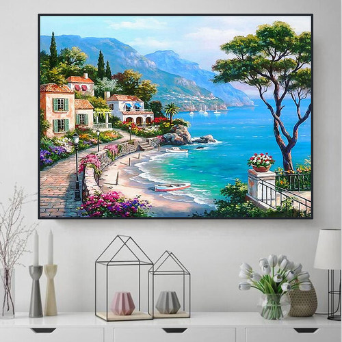 地中海小屋风景5d钻石画满钻客厅