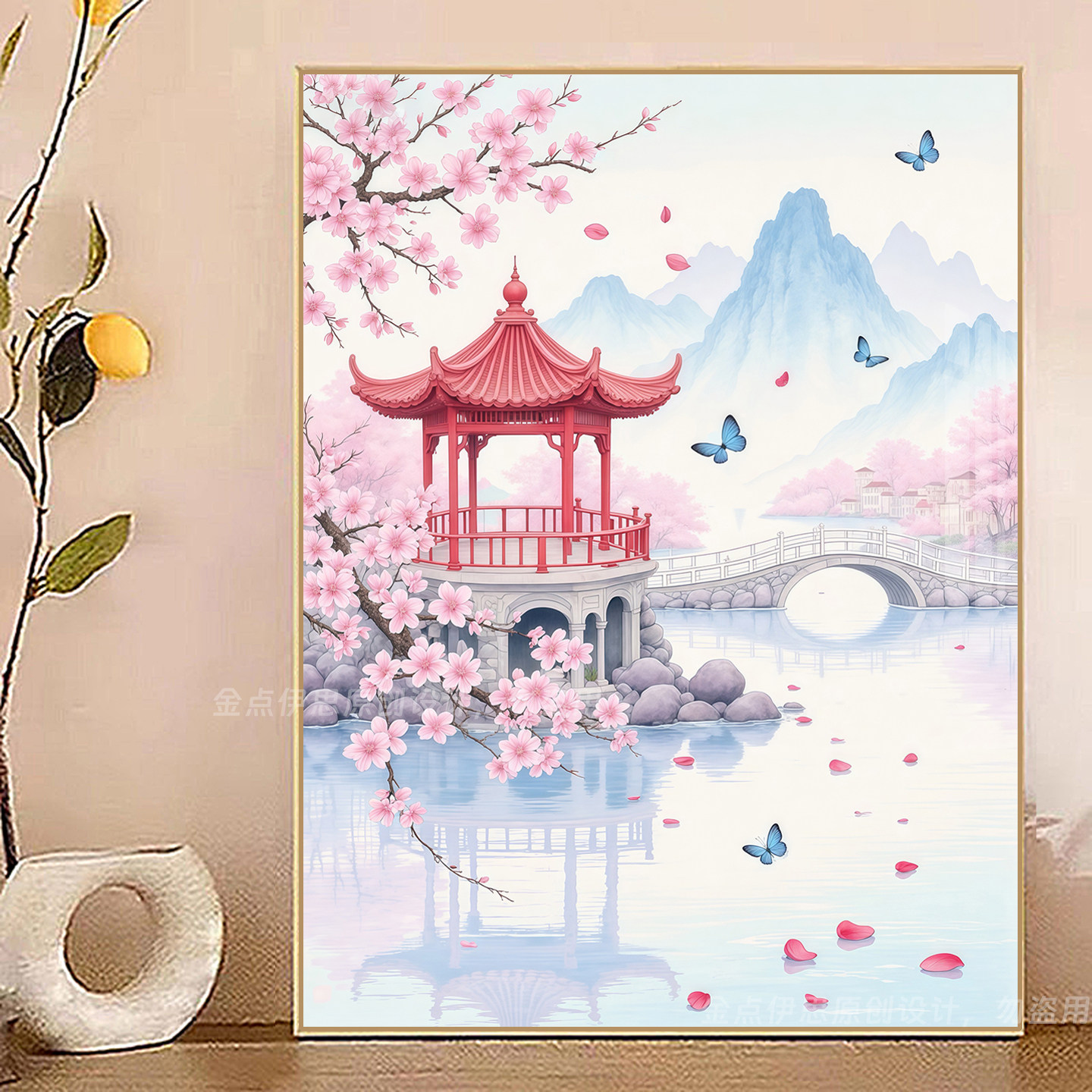 中国风山水风景钻石画2026新款桃花亭子点贴钻十字绣卧室餐厅满钻