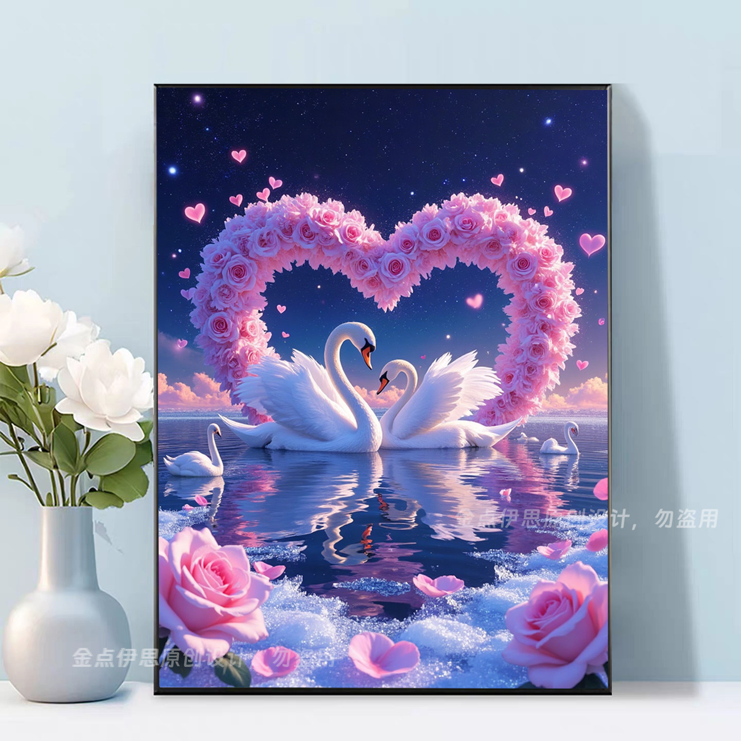 浪漫天鹅玫瑰花风景钻石画2026新款手工唯美点贴钻十字绣卧室满钻